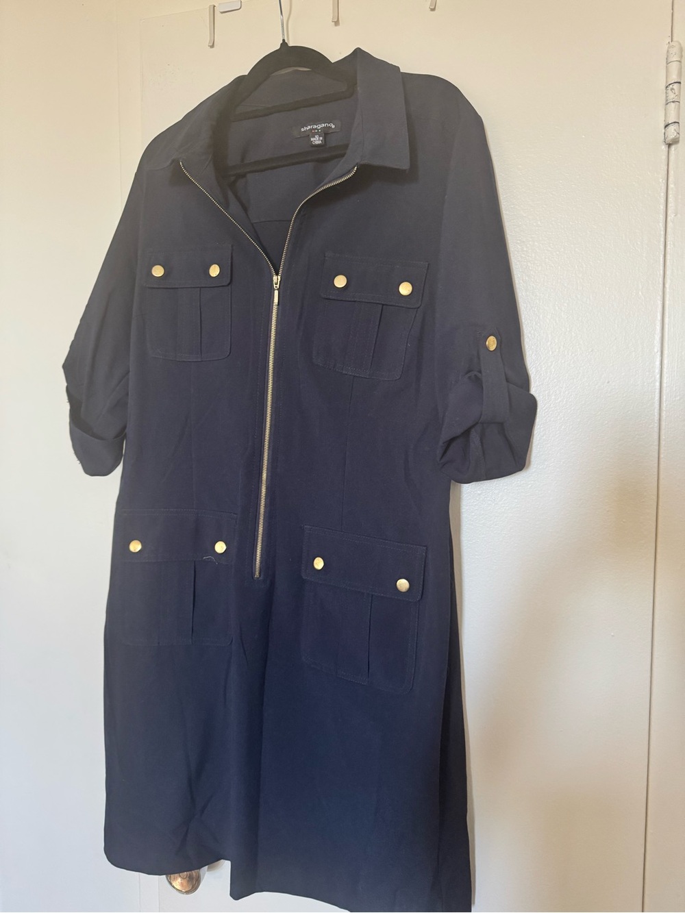 Sharagano Navy Zip-Front Utility Jacket with Gold Buttons